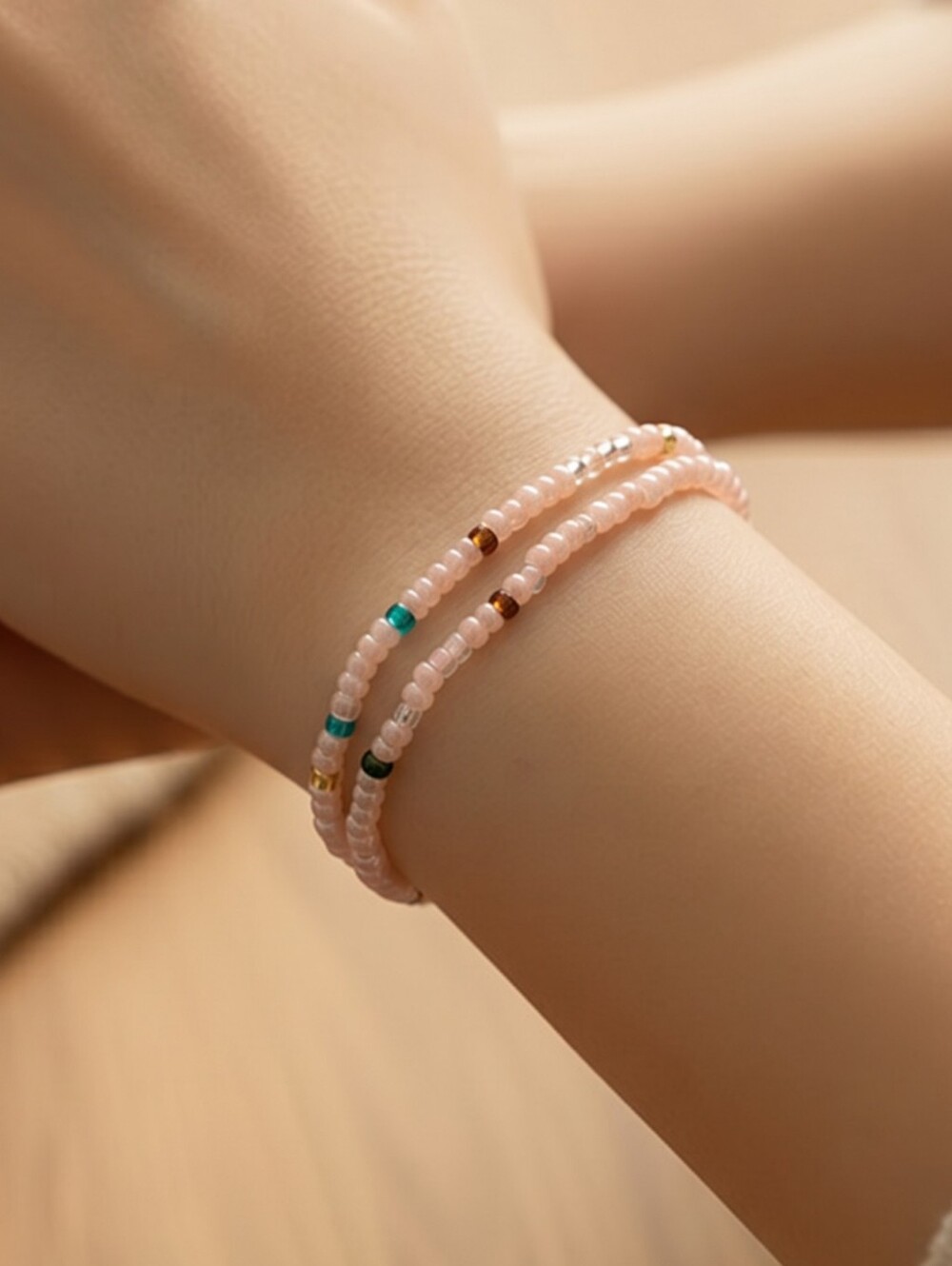 Pink Seed Bead Bracelet Set Turquoise Bronze Stretch Stack Barbiecore Pastel